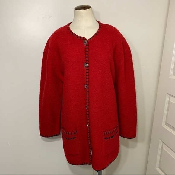 Vintage Boiled Wool Cardigan Jacket Sz 1X Knit Red Black Embroidered Classic - Picture 10 of 10